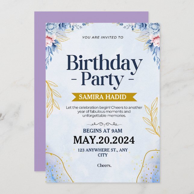 Blue Illustrative Blommigt Birthday Inbjudningar (Fram/baksida)