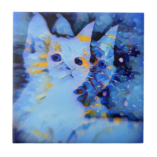 Blue Impressionist Stil Kitten Art för Cat Lovers Kakelplatta