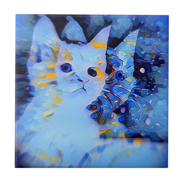 Blue Impressionist Stil Kitten Art för Cat Lovers Kakelplatta (Framsidan)