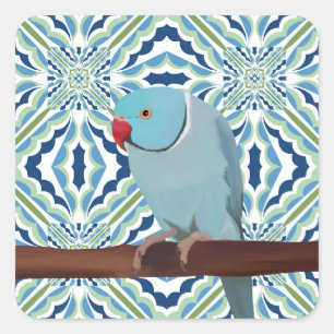 Blue Indian Ringhead Parakeet Fyrkantigt Klistermärke