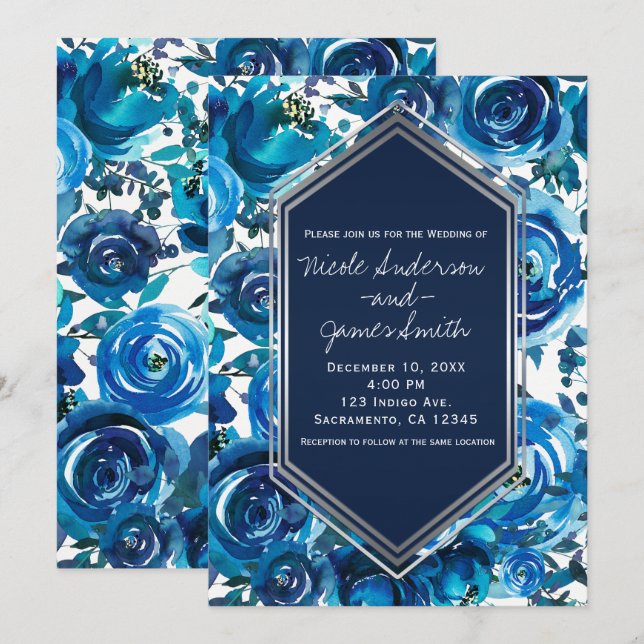 Blue Indigo Blommigt Flowers Elegant Chic Bröllop Inbjudningar (Fram/baksida)