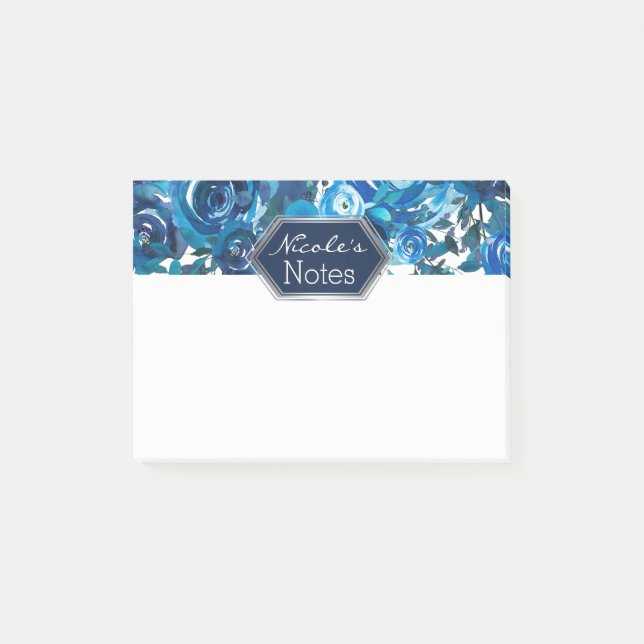 Blue Indigo Blommigt Flowers Elegant Chic Bröllop Post-it Block (Framsida)