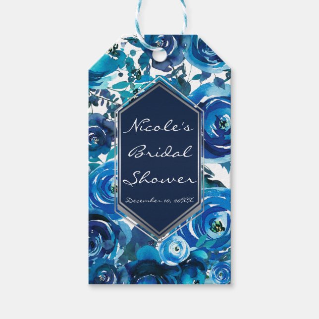 Blue Indigo Blommigt Flowers Elegant Chic Bröllop Presentetikett (Framsidan)