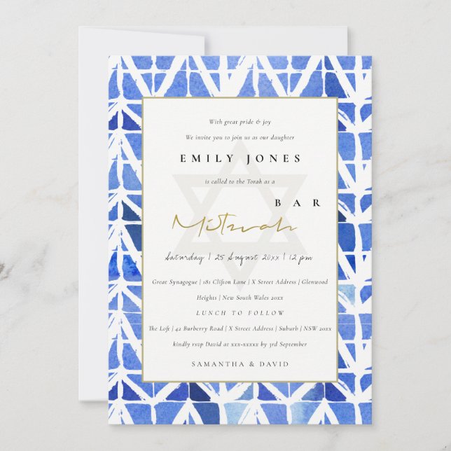 BLUE INDIGO CHEVRON MÖNSTER FLADDERMUS PUB MITZVAH TACK KORT (Framsida)
