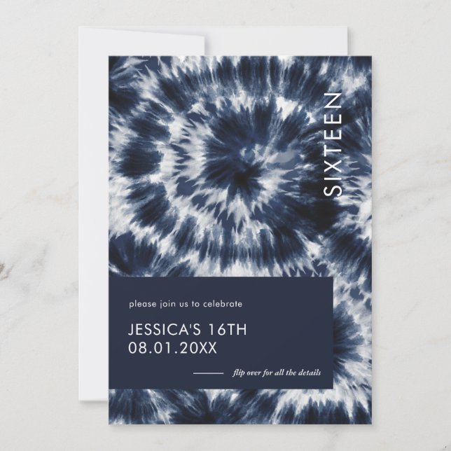 Blue Indigo Shibori Tie Dye Sweet 16 Inbjudningar (Framsida)