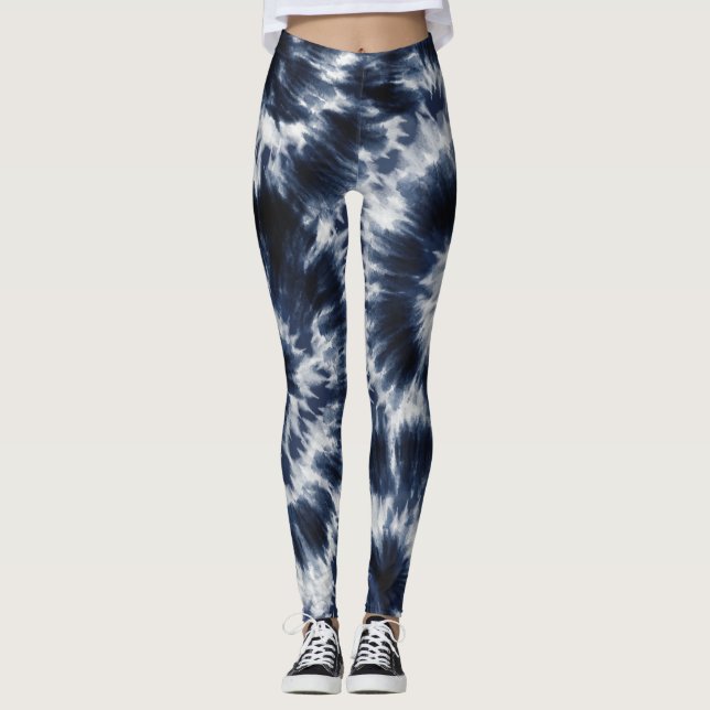 Blue Indigo Tie Dye Shibori Boho Mönster Leggings (Framsida)
