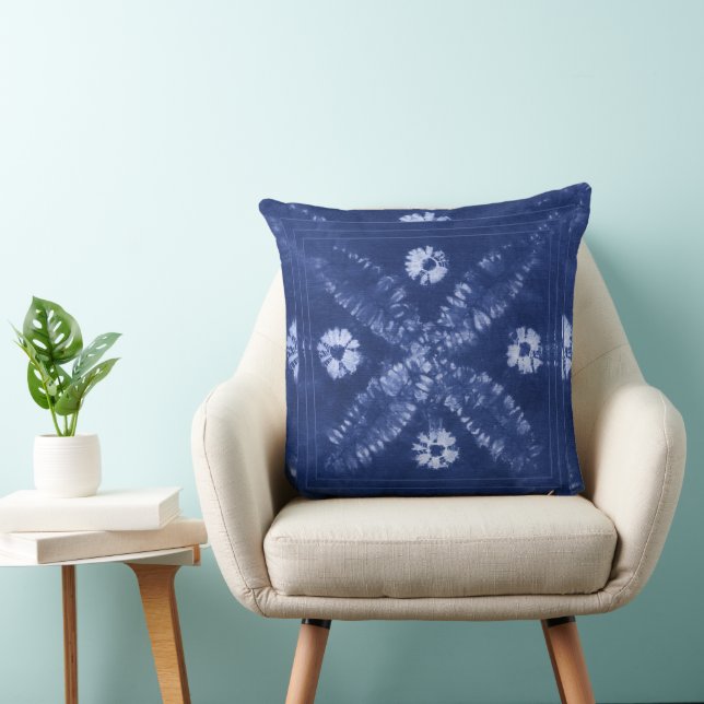 Blue Indigo Tie Dye Shibori Flower Dekorativ kudde (Stol)