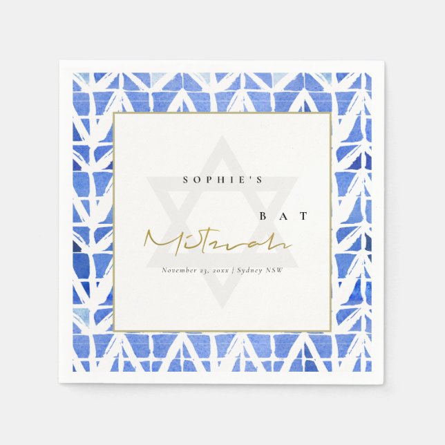 BLUE INDIGO WATERCOLOR CHEVRON PUB BAT MITZVAH PAPPERSSERVETT (Framsidan)