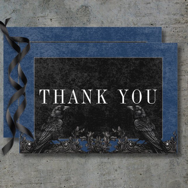 Blue-information om Gothic Black Raven & Black Ro Tack Kort (Gothic Black Raven & Black Roses Blue Details Thank You Card)