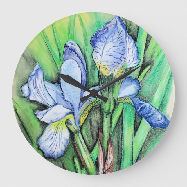 Blue Iris Flower Original Art Teckning Blommigt  Stor Klocka (Framsida)