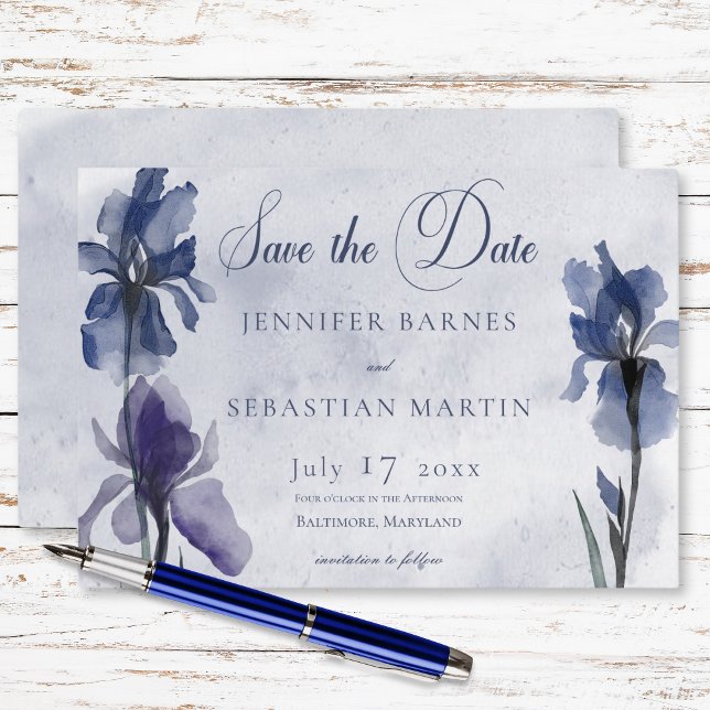Blue Iris Flowers Blue Modern Bröllop Spara Datumet (Blue Iris Flowers Blue Modern Wedding Save The Date)