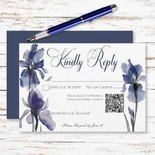Blue Iris Flowers Modern Bröllop QR-kod OSA Kort