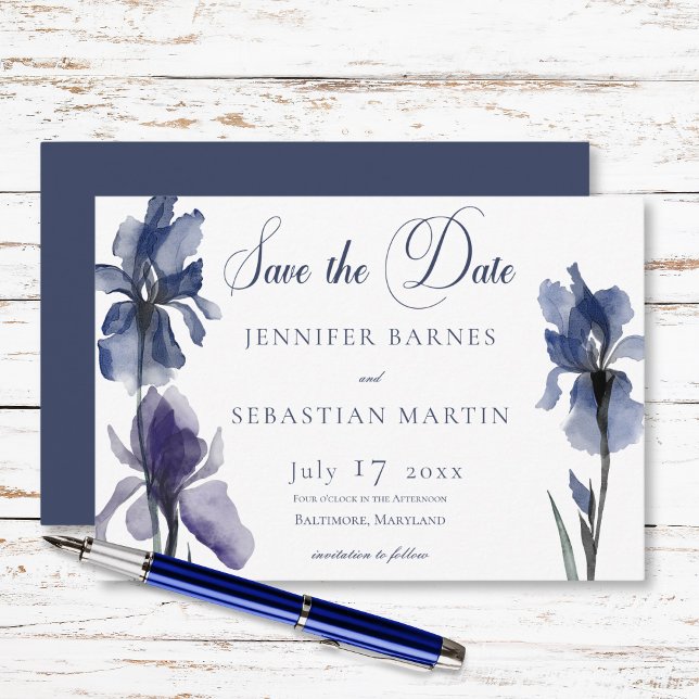 Blue Iris Flowers Modern Bröllop Spara Datumet (Blue Iris Flowers Modern Wedding Save The Date)