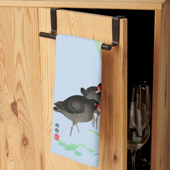 Blue Irises and Moorhens by Ohara Koson Kökshandduk (Thirds Fold)