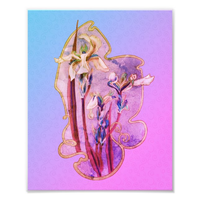 Blue Irises Blommigt Art Distress 8x10 Fototryck (Framsidan)