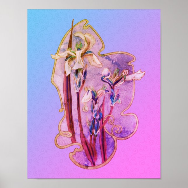 Blue Irises Blommigt Art Distress Poster (Framsidan)