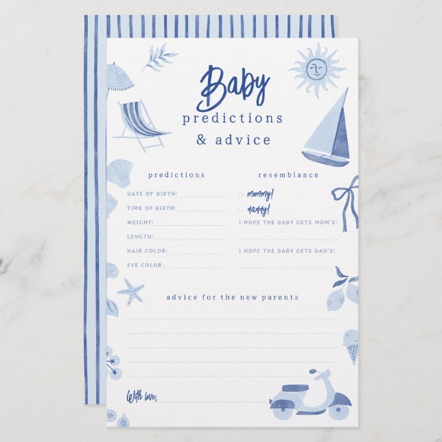 Blue Italian Summer Baby Predictions & Advice Game (Fram/baksida)