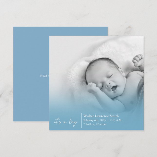 Blue It's A Boy Birth-meddelande Meddelande (Fram/baksida)