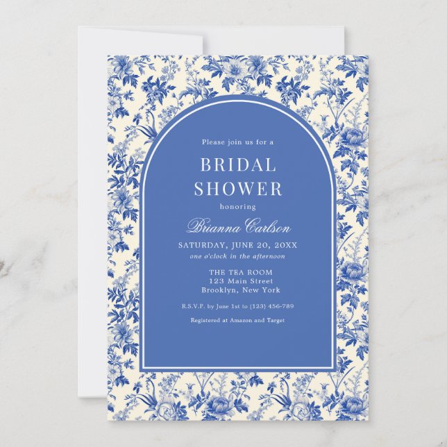 Blue Ivory Chinoiserie Blommigt Möhippa Inbjudningar (Framsida)