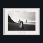 Blue Ivory Photo Bröllop Tack Vykort<br><div class="desc">Personlig - enkelt marint blått Snyggt Modern Coola-elfenben Photo Bröllop Photo Postcards med elegant och minimalistiskt sans-serif-teckensnitt, anpassningsbar-foto, par namn, avsändarens Tack, adress datum och plats, webbplatslänk för inbjudan att följa, fullständig bröllop bakgrund och ett fet, anpassade svart coola (tillval). Anpassa ditt tack genom att välja olika bildbakgrunder på framsidan...</div>