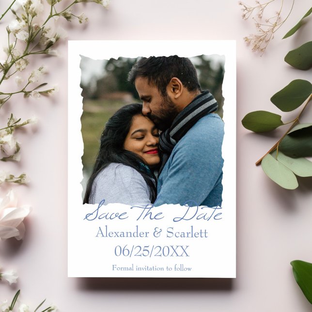 Blue Jagged Ram Photo Spara datum meddelande (Blue Jagged Frame Photo Save the Date)