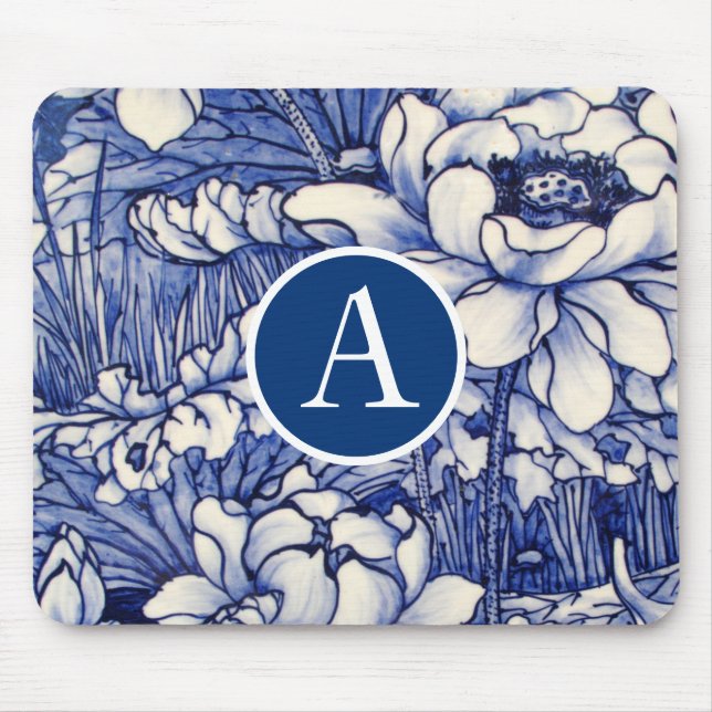 BLUE JAPANESE BLOMMIGT DESIGN DIY INITIAL Mousepad Musmatta (Framsidan)