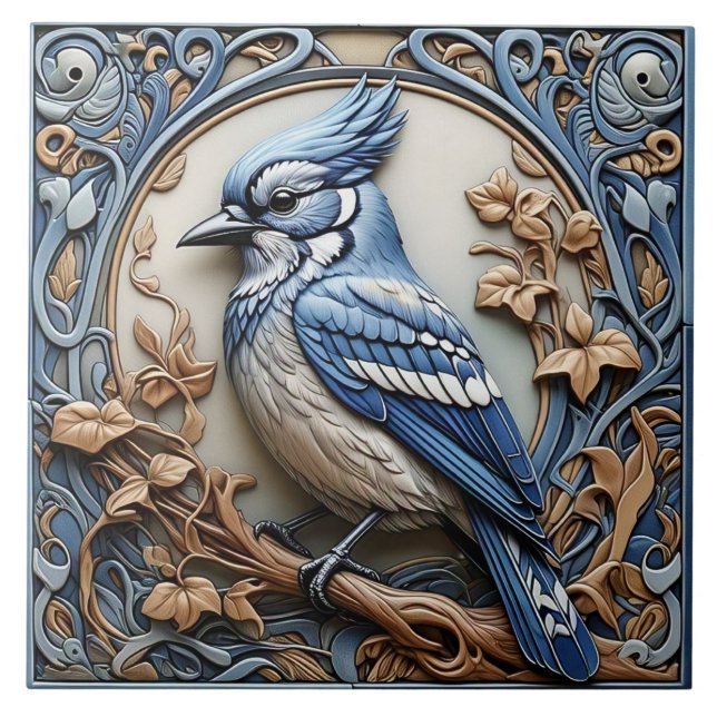 Blue Jay - Art nouveau Ceramic Tile Kakelplatta (Framsidan)