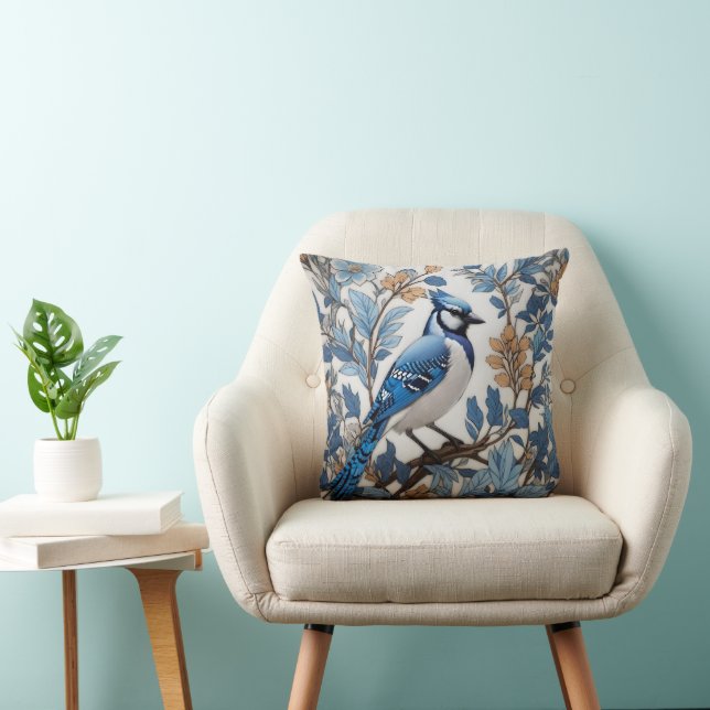 Blue Jay Bird Blue Elegant Blommigt Kudde (Stol)