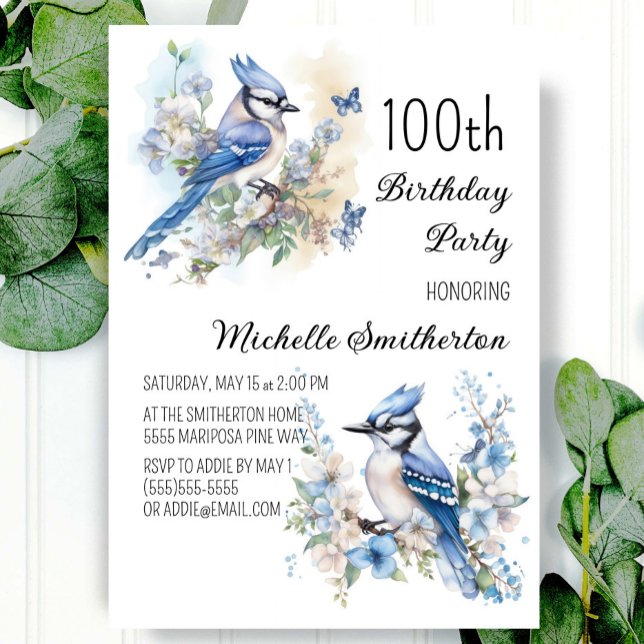 Blue Jay Bird Flowers Springtime 100th Birthday Inbjudningar (Skapare uppladdad)
