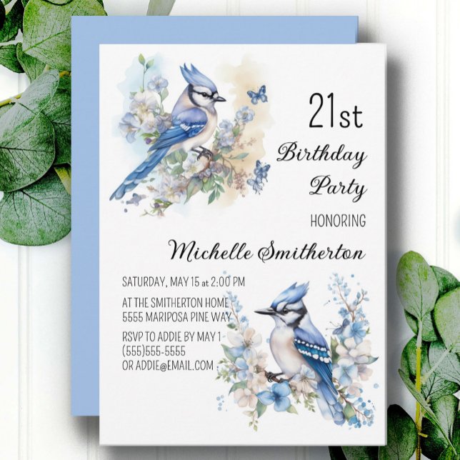 Blue Jay Bird Flowers Springtime 21:a födelsedagen Inbjudningar (Blue jay and butterflies women's 21st birthday party invitation, customizable with your own text.)