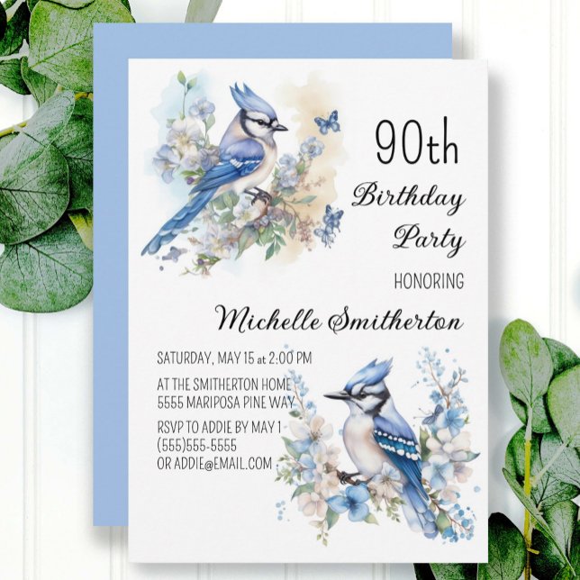 Blue Jay Bird Flowers Springtime 90:e Birthday Inbjudningar (Skapare uppladdad)
