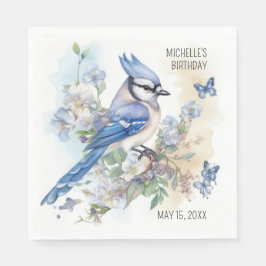 Blue Jay Bird Flowers Springtime Birthday Namn Pappersservett