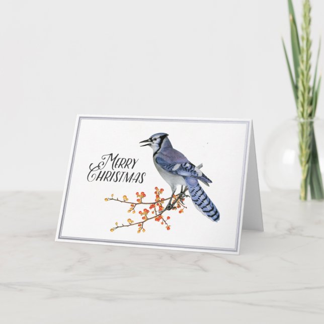 Blue Jay Bird God jul Berry Silver Nature Helgkort (Framsida)