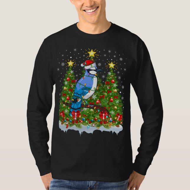 Blue Jay Bird Julafton Ljus Santa Blue Jay Jul T Shirt (Framsida)