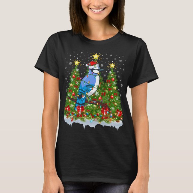 Blue Jay Bird Julafton Ljus Santa Blue Jay Jul T Shirt (Framsida)
