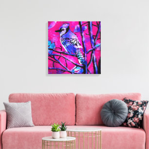 Blue Jay Bird on Träd Gren Rosa Abstrakt Art Canvastryck
