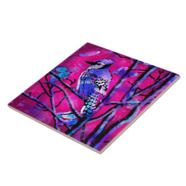 Blue Jay Bird on Träd Gren Rosa Abstrakt Art Kakelplatta