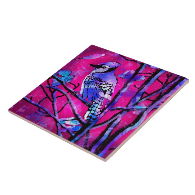 Blue Jay Bird on Träd Gren Rosa Abstrakt Art Kakelplatta (Sidan)