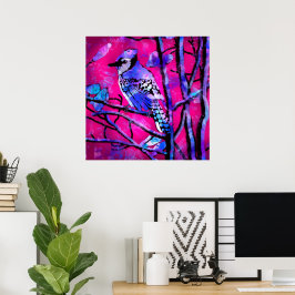 Blue Jay Bird on Träd Gren Rosa Abstrakt Art Poster