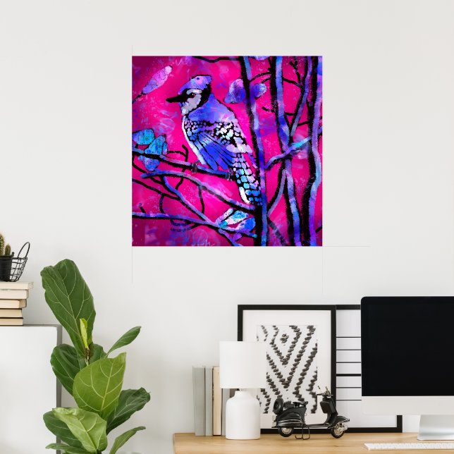 Blue Jay Bird on Träd Gren Rosa Abstrakt Art Poster (Hemmakontoret)