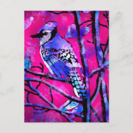 Blue Jay Bird on Träd Gren Rosa Abstrakt Art Vykort