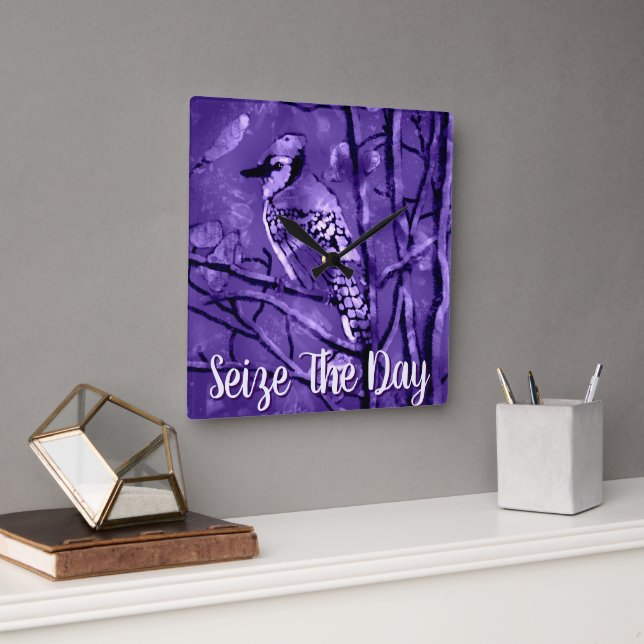 Blue Jay Bird Purple Abstract Art Personalized Fyrkantig Klocka (Kontor)