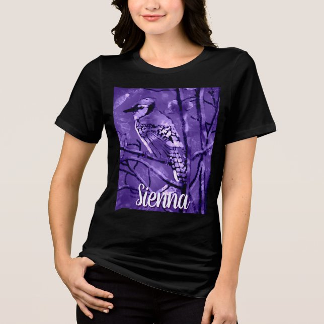 Blue Jay Bird Purple Abstract Art Personalized T Shirt (Framsida)