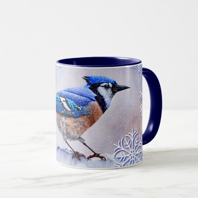 Blue Jay Bird Snowflake Winter Art Mugg (Framsida höger)