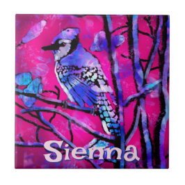 Blue Jay Bird Tree Branch Pink Personalized Kakelplatta