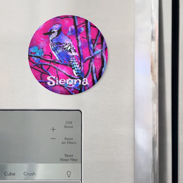 Blue Jay Bird Tree Branch Pink Personalized  Magnet (In Situ (Fridge))