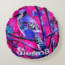 Blue Jay Bird Tree Branch Pink Personalized Rund Kudde