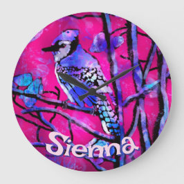 Blue Jay Bird Tree Branch Pink Personalized Stor Klocka