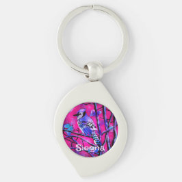 Blue Jay Bird Tree Branch Pink Personalized Swirl Silverfärgad Nyckelring