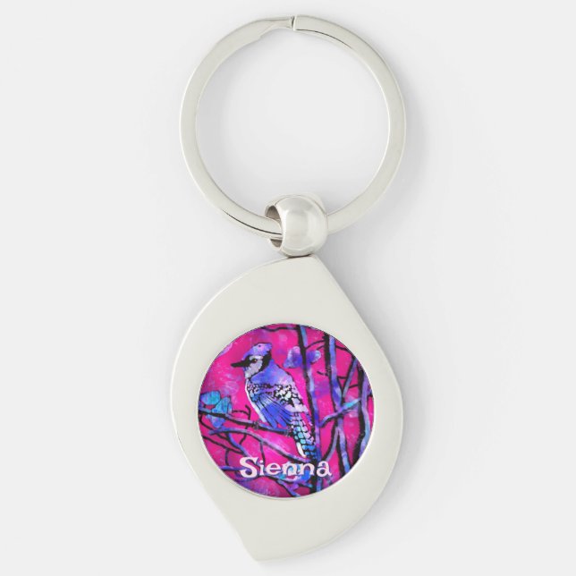 Blue Jay Bird Tree Branch Pink Personalized  Swirl Silverfärgad Nyckelring (Framsidan)